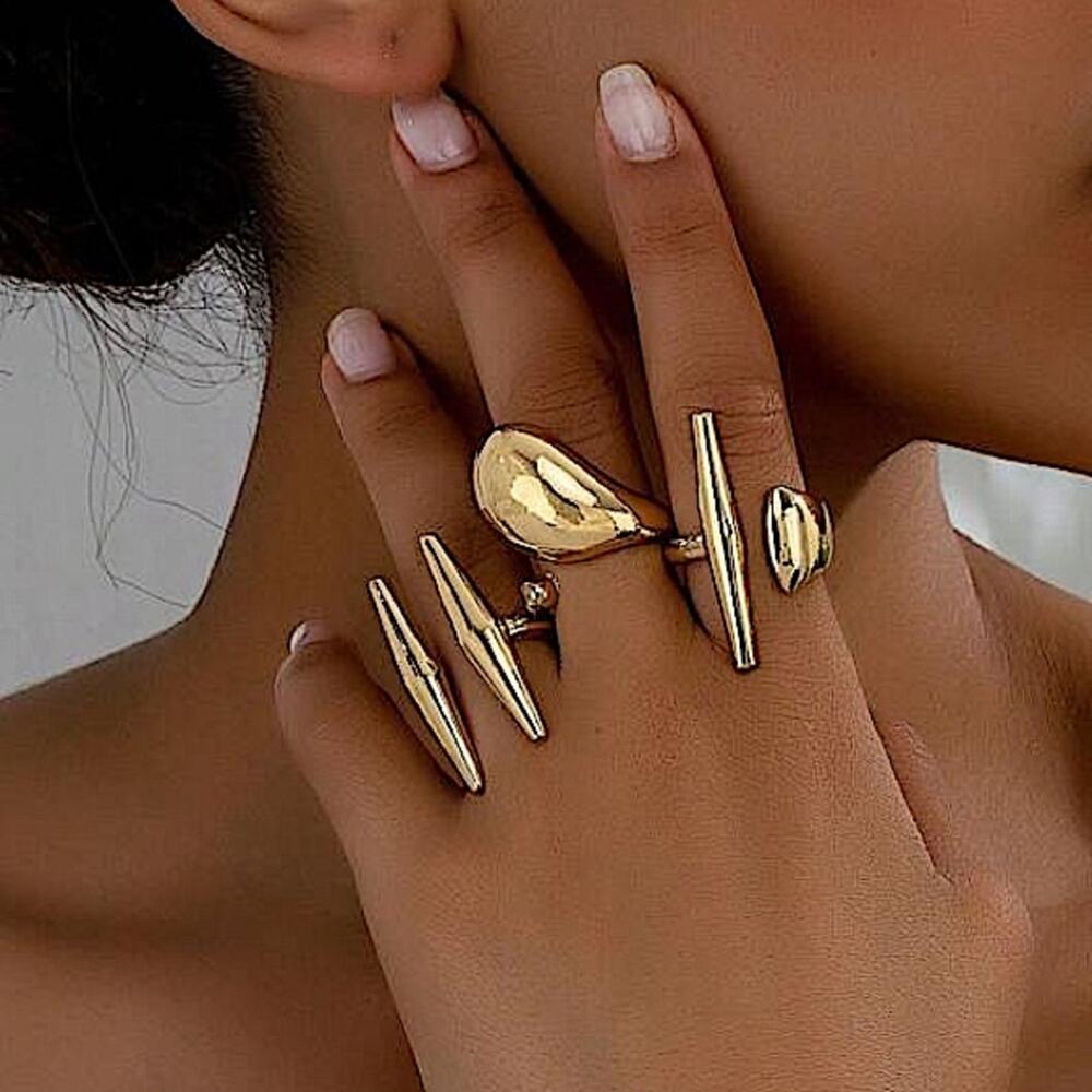 Three Piece Gold Irregular Punk Open Rings Adjustable Resizable